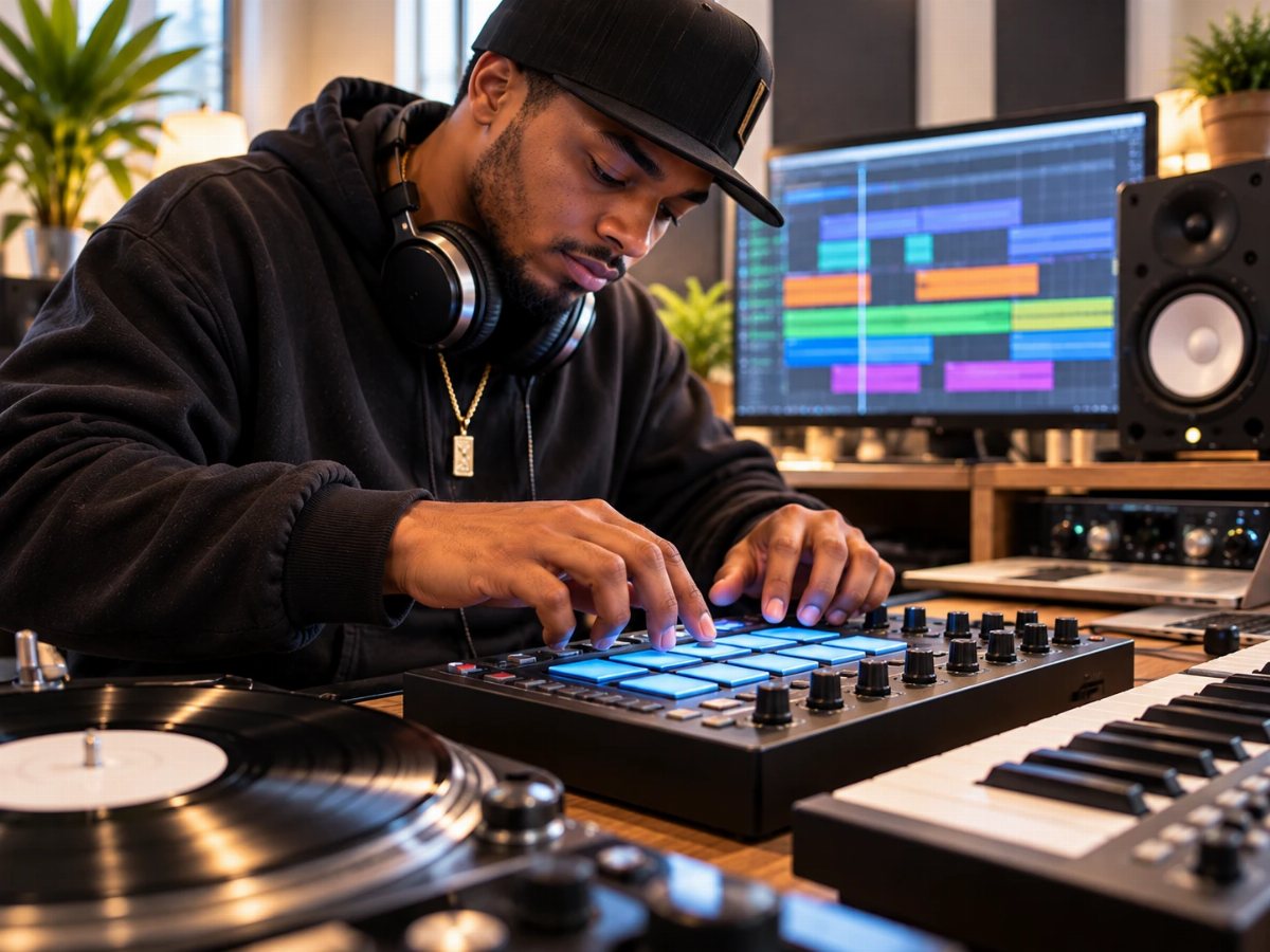 A producer flipping a sample on pads and a keyboard, lost in the idea