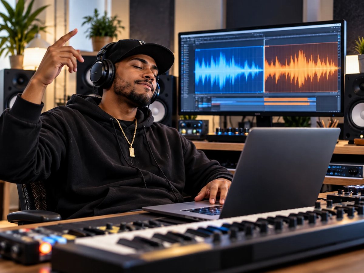 A producer judging a beat battle in the studio, headphones on